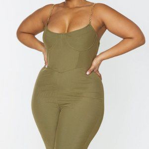 PLUS OLIVE CHAIN STRAP MESH JUMPSUIT